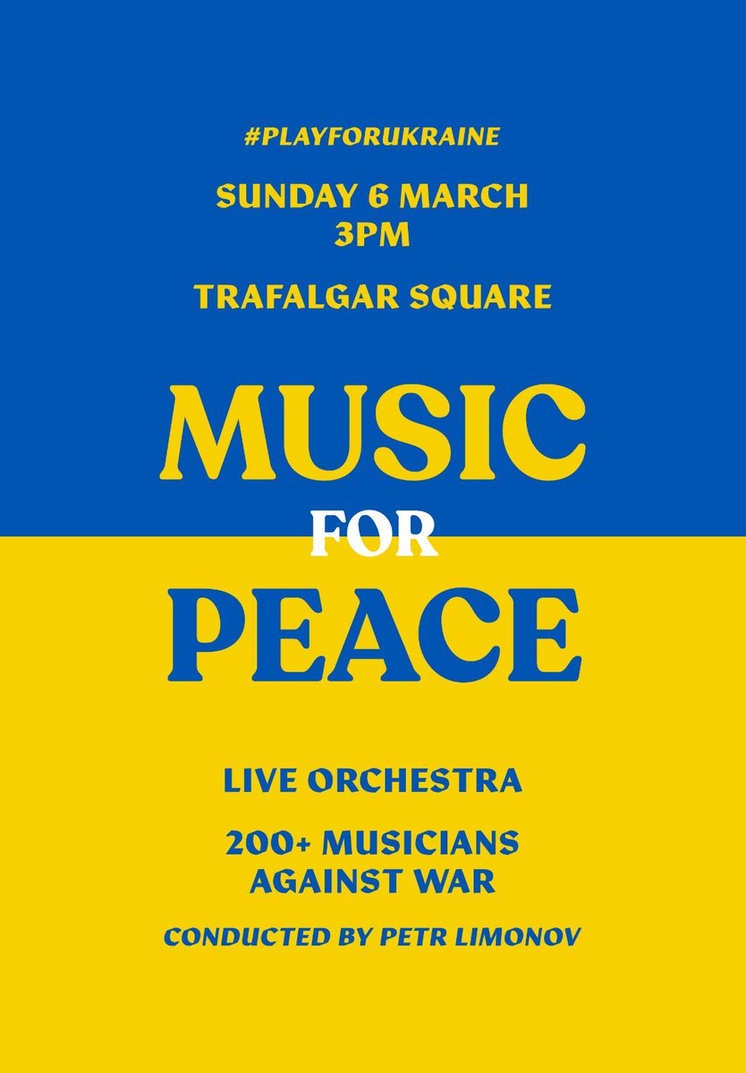 NatashaLewis_1's tweet photo. If you are free this Sunday please do come and support myself and 200 other musicians in Trafalgar Square as we play for peace. #playforukraine #playforpeace #musicalprotest 🇺🇦💙💛🎶 https://t.co/enCRgvaTIl