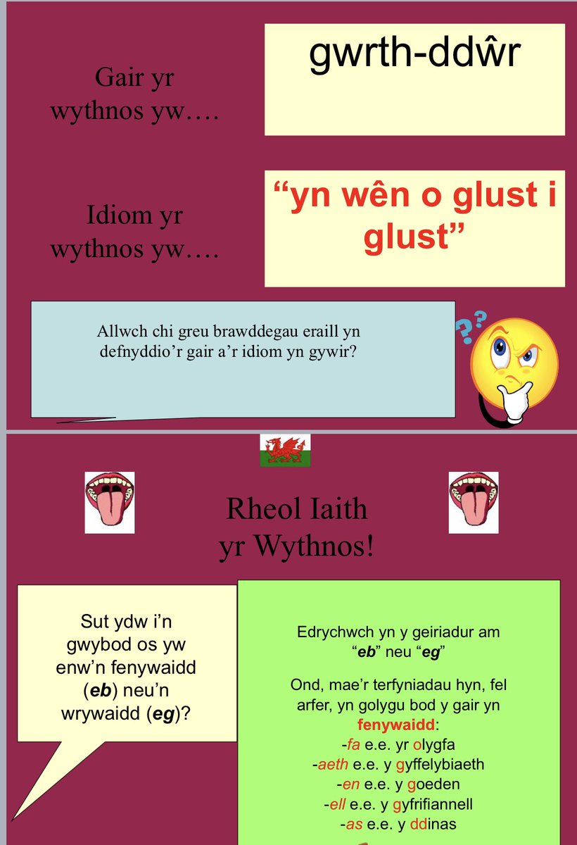 Sglein ar y sgiliau @ysgolbryntawe - gair yr wythnos: gwrt-ddŵr (ansoddair), waterproof (adjective), imperméable (adjectif). Idiom yr wythnos: yn wên o glust i glust.