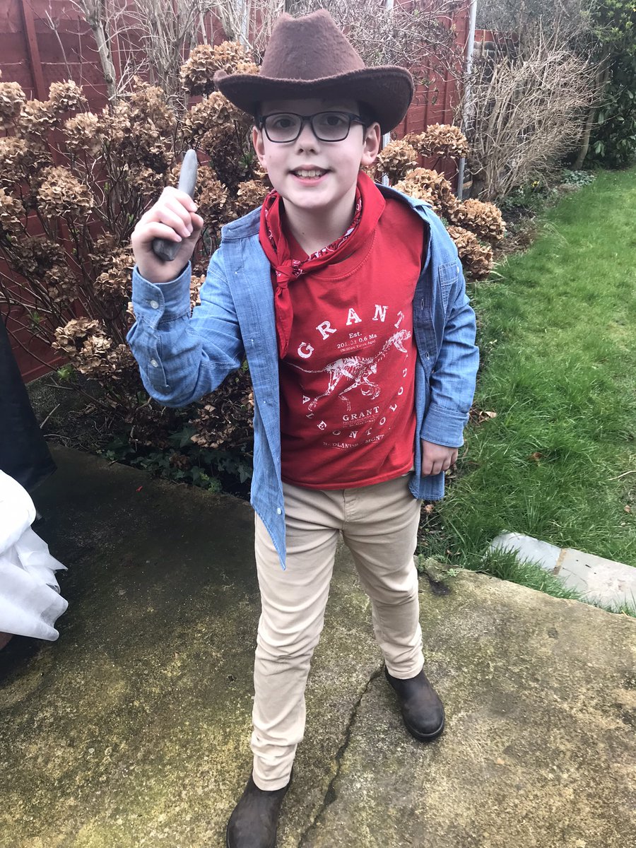 DanWhellams's tweet photo. Today’s #WorldBookDay  effort, Jonah as Dr Alan Grant from Jurassic Park. Featuring his favourite Grant Paleontology @LASTEXITshirts and homemade Raptor claw. Maybe the next @TwoPaddocks https://t.co/8o3ymm6sN4