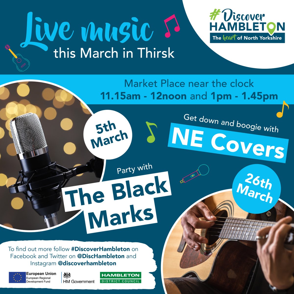 DiscHambleton's tweet photo. Our market towns are coming alive with the sound of music across #Easingwold, #Stokesley, #Thirsk, #Northallerton and #Bedale look out for #MusicinMarch! Starting this week in Thirsk! 🎼

We cannot wait to see #TheBlackMarks this Saturday! 🎶

@ThirskBusiness  @Herriotcountry https://t.co/NMzUcvNSmx