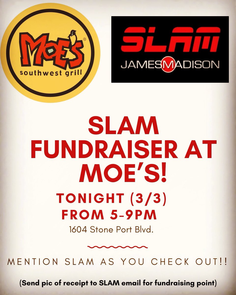 JMUSLAM's tweet photo. 🚨Dinner at Moe’s tonight!! Come out and support SLAM from 5-9pm tonight. Make sure to mention SLAM as you are checking out! We hope to see everyone there🚨 https://t.co/kXuKvcDiIp