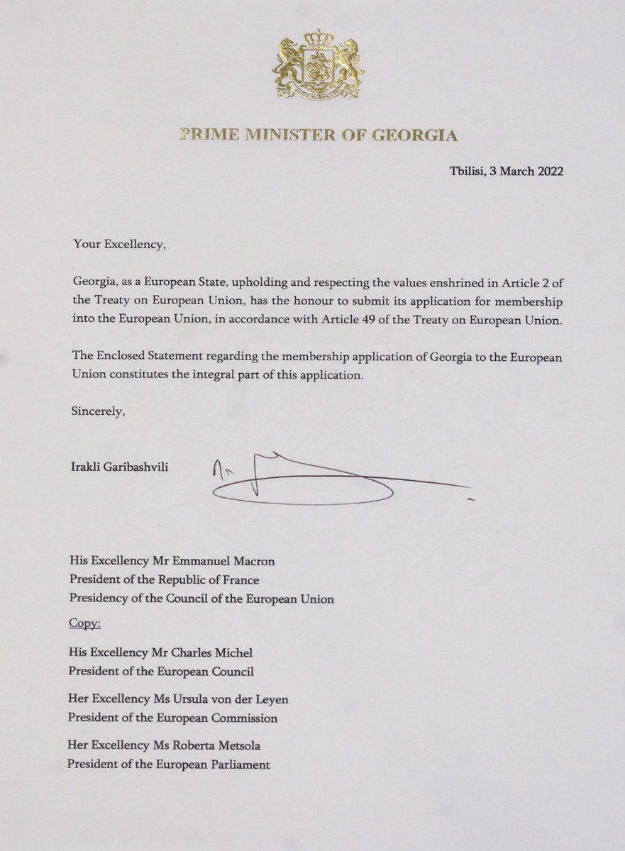 Today is a historic day for 🇬🇪, we have officially applied for the Membership of the European Union 🇪🇺. We have proved that we are a part of the European family &amp; 🇪🇺 path is an irreversible choice for the Georgian people!
