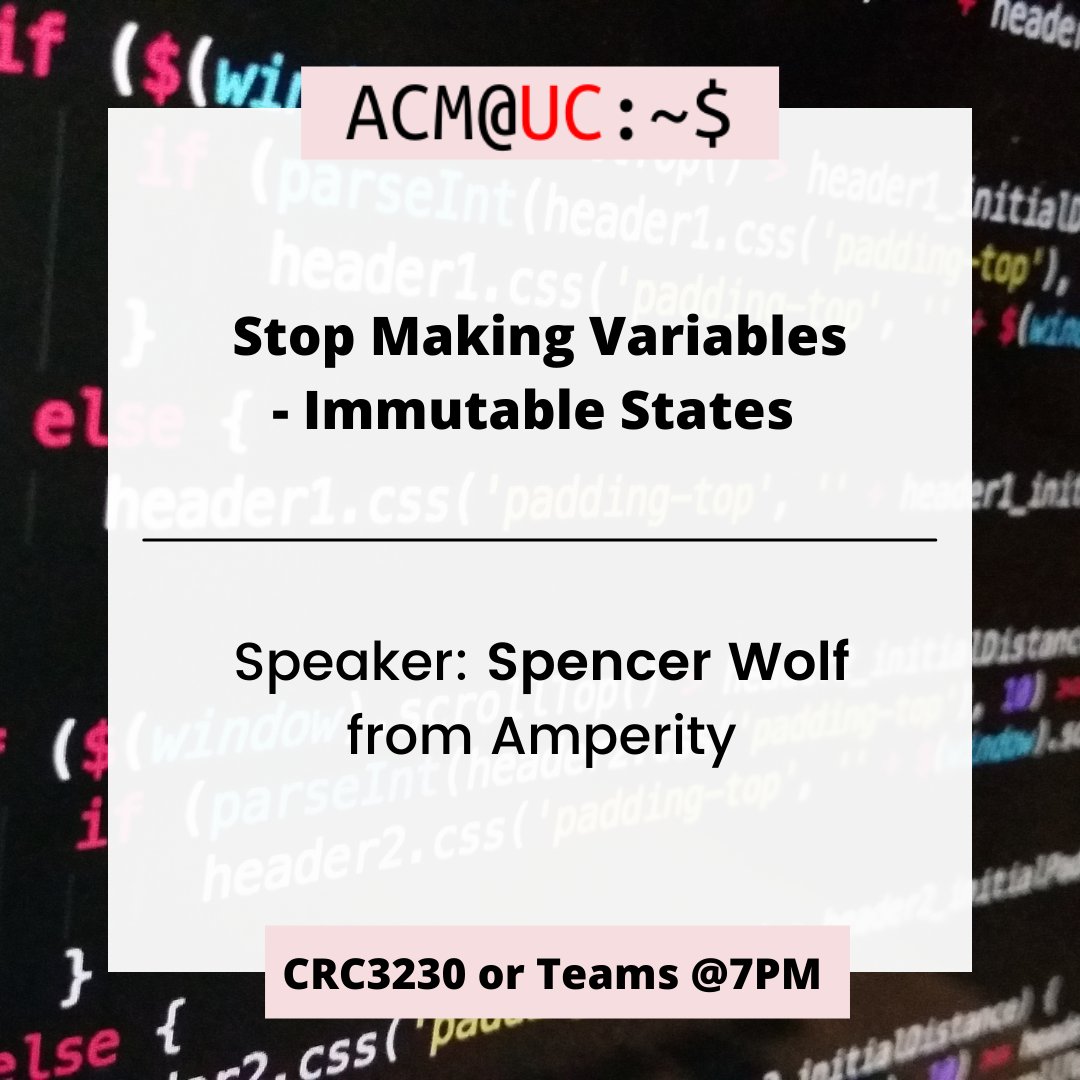 Hey guys! Join us today for an interesting talk about immutable states from Spencer Wolf! We will have pizza :) Join us in person in CRC3230 or on Teams (link in bio) at 7PM.
