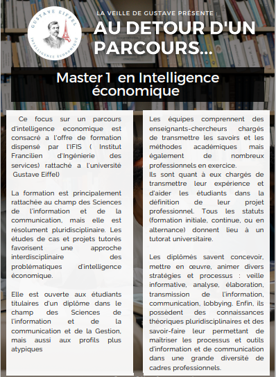 IE_Eiffel's tweet photo. 【 AU DÉTOUR D'UN PARCOURS 】
Cette semaine nous vous proposons un focus sur le master 1 en Intelligence économique de @IFIS_IE_UPEM
La période de candidature est ouverte sur e-candidat.
#masterIE @ifisUnivEiffel https://t.co/b1g4wzabEf
