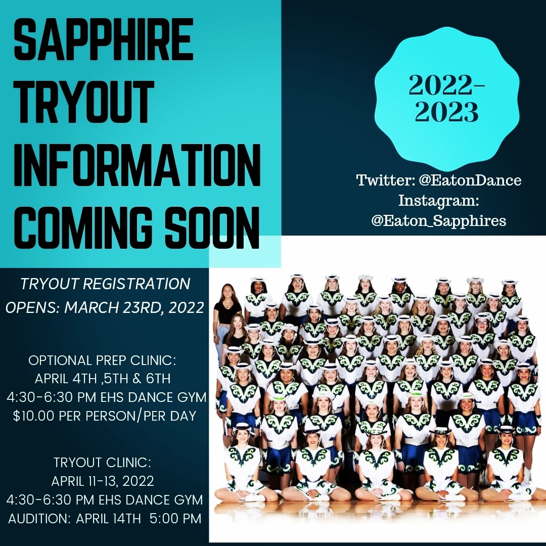 Eaton SAPPHIRES (@eatondance) on Twitter photo Interested in trying out for Sapphires? Registration opens March 23rd online. Tryouts are April 11th-14th. We hope to see you there!
<a href="/TruettWilsonMS/">Truett Wilson Middle School</a>
<a href="/LeoAdamsMS/">Leo Adams MS</a>
<a href="/EatonHighSchool/">Eaton Eagles</a>
<a href="/NorthwestISD/">Northwest ISD</a> Interested in trying out for Sapphires? Registration opens March 23rd online. Tryouts are April 11th-14th. We hope to see you there!
<a href="/TruettWilsonMS/">Truett Wilson Middle School</a>
<a href="/LeoAdamsMS/">Leo Adams MS</a>
<a href="/EatonHighSchool/">Eaton Eagles</a>
<a href="/NorthwestISD/">Northwest ISD</a>
