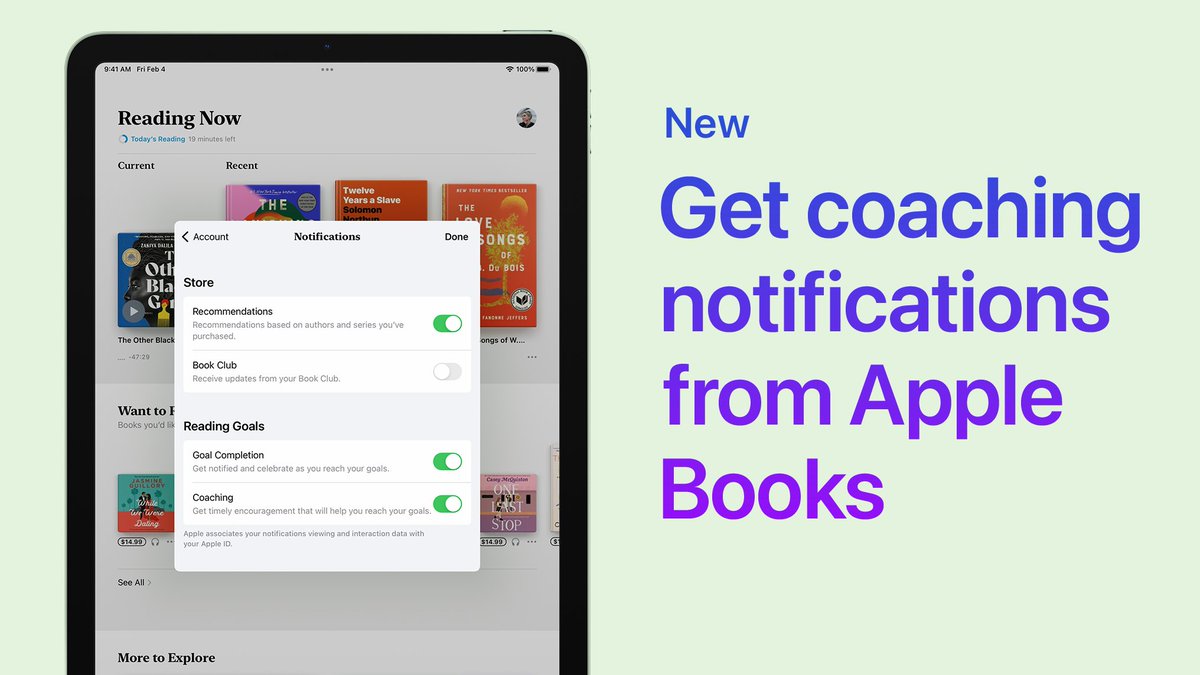 AppleSupport's tweet photo. Meet your reading goals, with a little help from Apple Books.

Here’s how to set up Coaching in iOS 15.3 and iPadOS 15.3. https://t.co/fdVT2uPNbz
