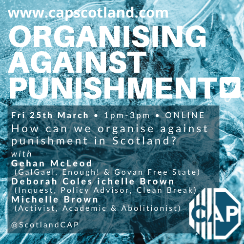 ScotlandCap's tweet photo. If punishment is not the answer, WHAT IS? Join speakers @gehan_macleod @DebatINQUEST @ProfMBrown to discuss how to organise against punishment in Scotland @GalGael @govanfreestate @enoughscot @INQUEST_ORG @CleanBrk @TheSCCJR @UofGlasgow @UTKnoxville https://t.co/umqXUkgARK