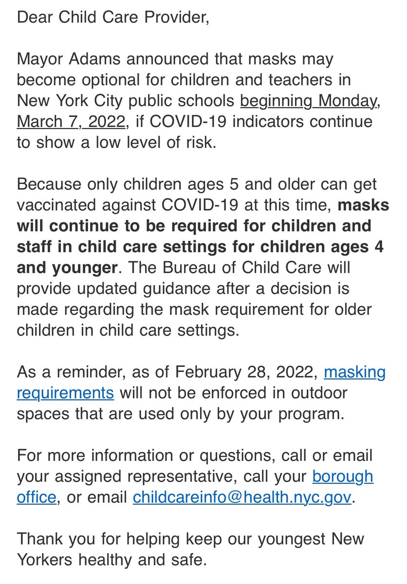daniela__127's tweet image. 🚨🚨🚨
Even though NYC public school kids can unmask on Monday 3/7, under-5's cannot (inc 3k &amp;amp; prek) because they are not eligible for a vaccine that provides only 12% protection against infection and transmission.