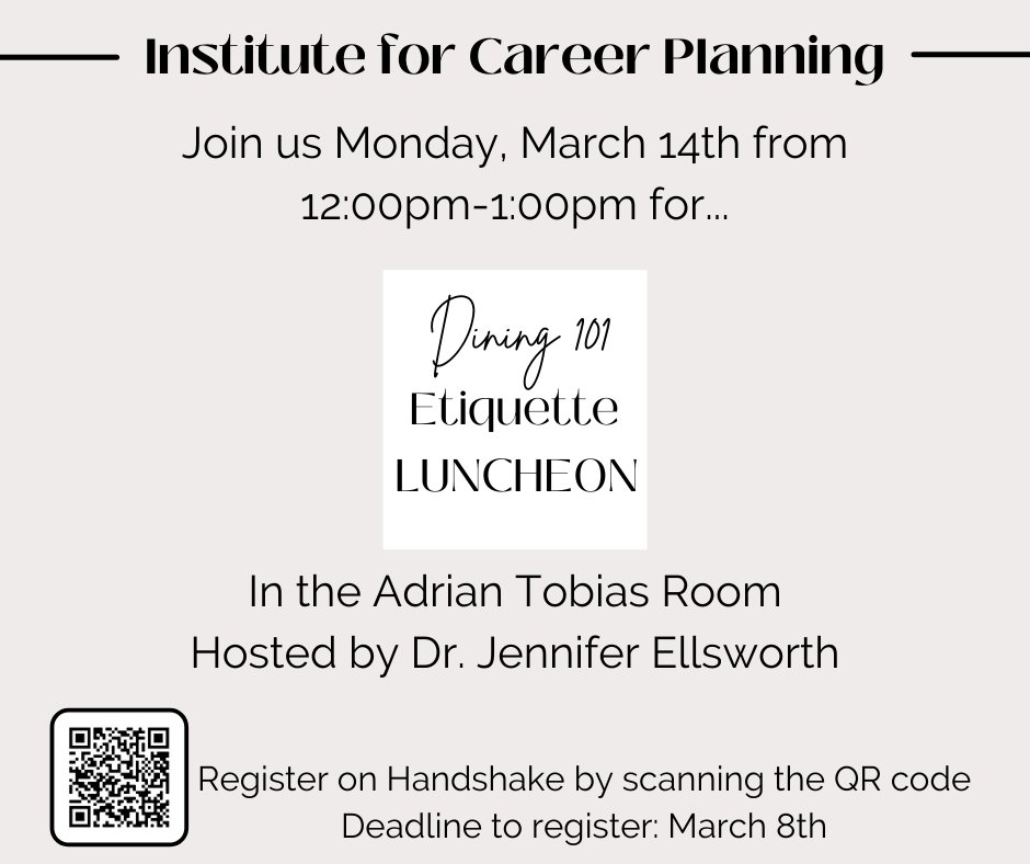 Join us for lunch, prizes and a few takeaways for your next professional dining experience. Register in Handshake by March 8th! <a href="/AdrianCollege/">Adrian College</a> <a href="/SGAofAC/">Adrian College SGA</a> 
**Ribbons Endorsed Event **
