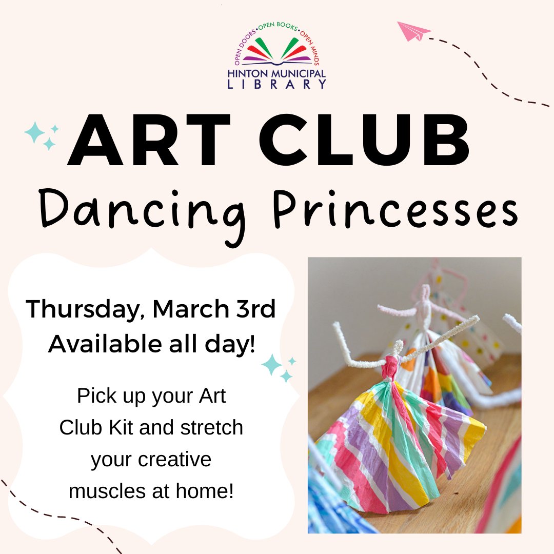 Come to the library to pick up your Art Club kit! This month, use pipe cleaners to make dancing princesses! 💃