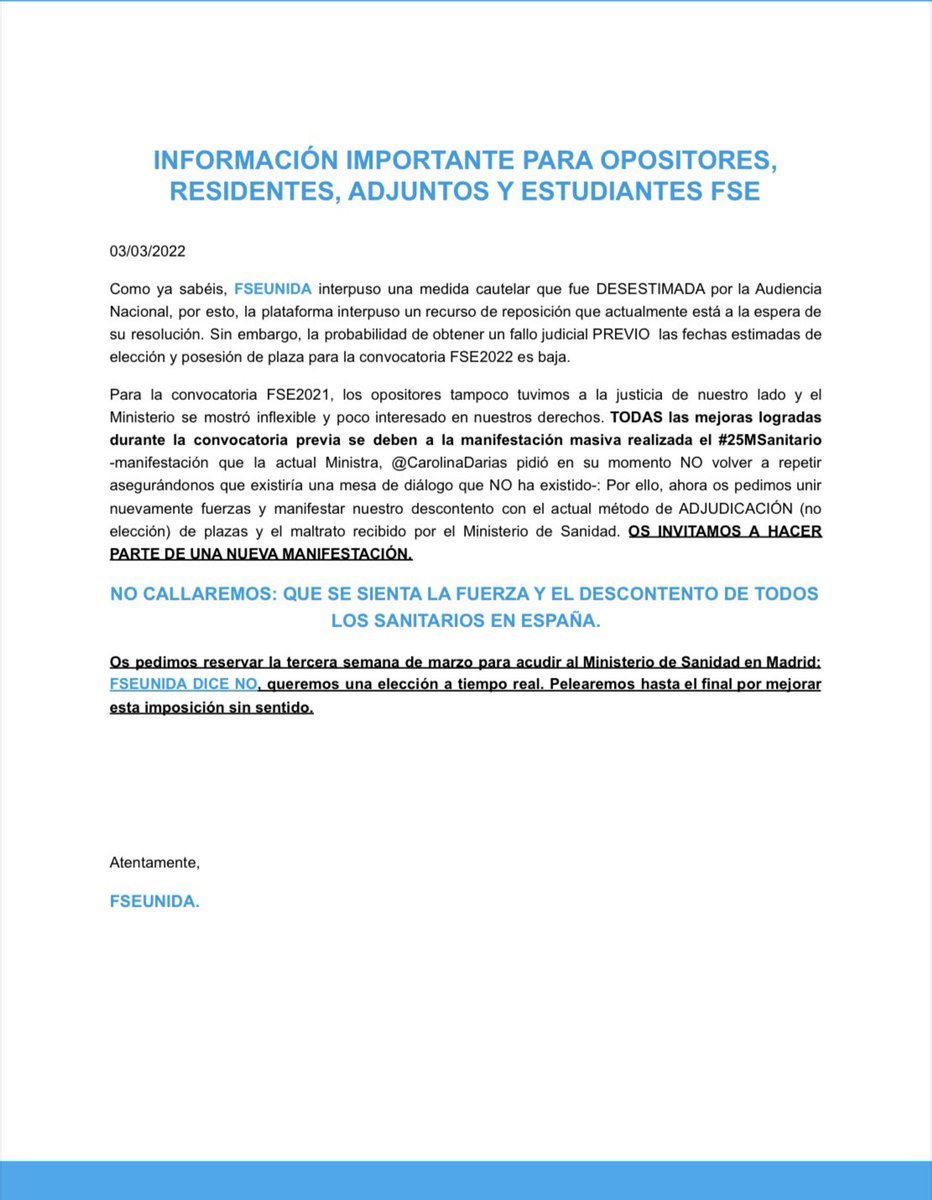 FSEunida's tweet photo. TERCERA SEMANA DE MARZO: MANIFESTACIÓN SANITARIA 

#FSEunida #elecciónatiemporeal #FSEdiceNO 

@cesm_sindicatos @OMC_Espana @ceem_medicina @SheilajustoS @Sindicato_SATSE @CGEnfermeria https://t.co/qRIPS2BbM3