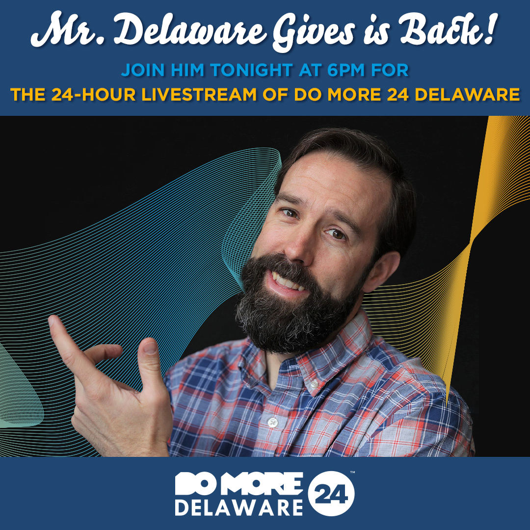 DelawarePublic's tweet photo. Mr. Delaware Gives returns TONIGHT for a 24-hour livestream of #DoMore24DE! DPM’s Jane Vincent will join the livestream at 6am tomorrow and any donations made from 6-7am will be eligible for a reusable DPM-branded grocery bag. Tune in at 6pm! ➡️ https://t.co/NsXS83t7jS #DPM https://t.co/IWXiYP9gvm