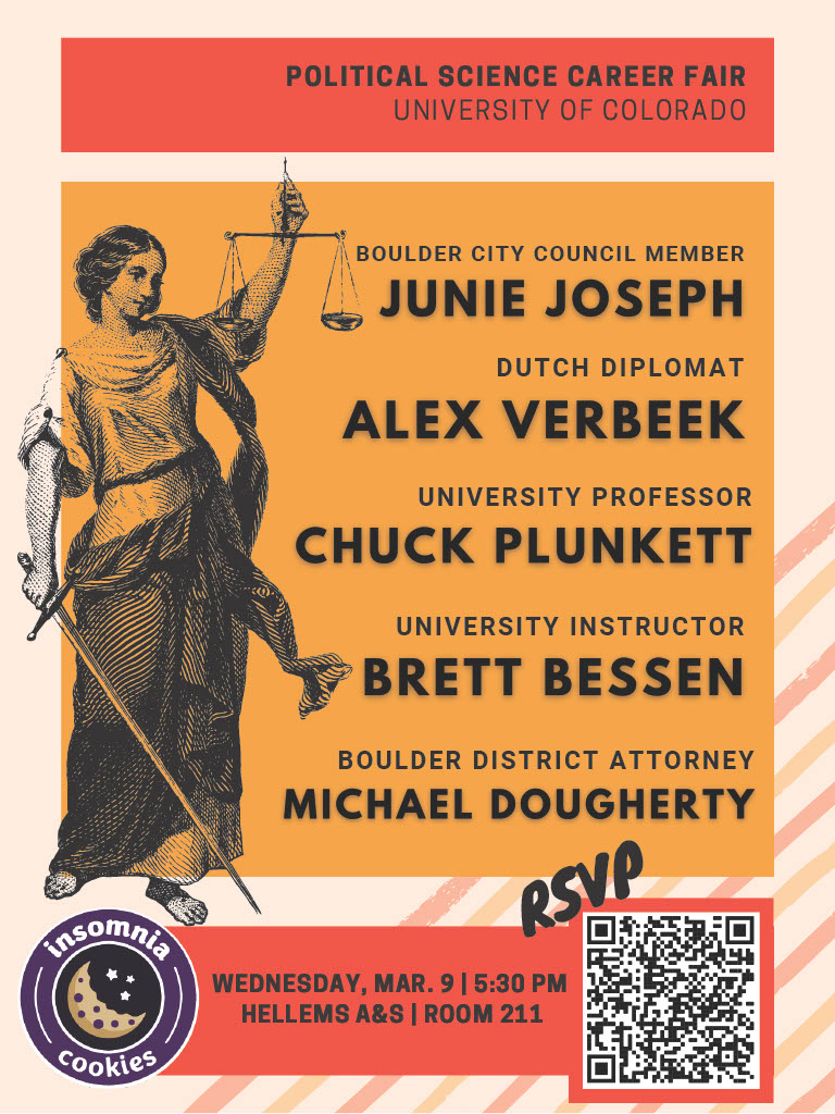 cuboulderpsci's tweet image. Join us to learn more about the different career options you may pursue with a PSCI degree! We encourage students to come with questions and on an empty stomach as refreshments and Insomnia cookies will be provided to attendees.