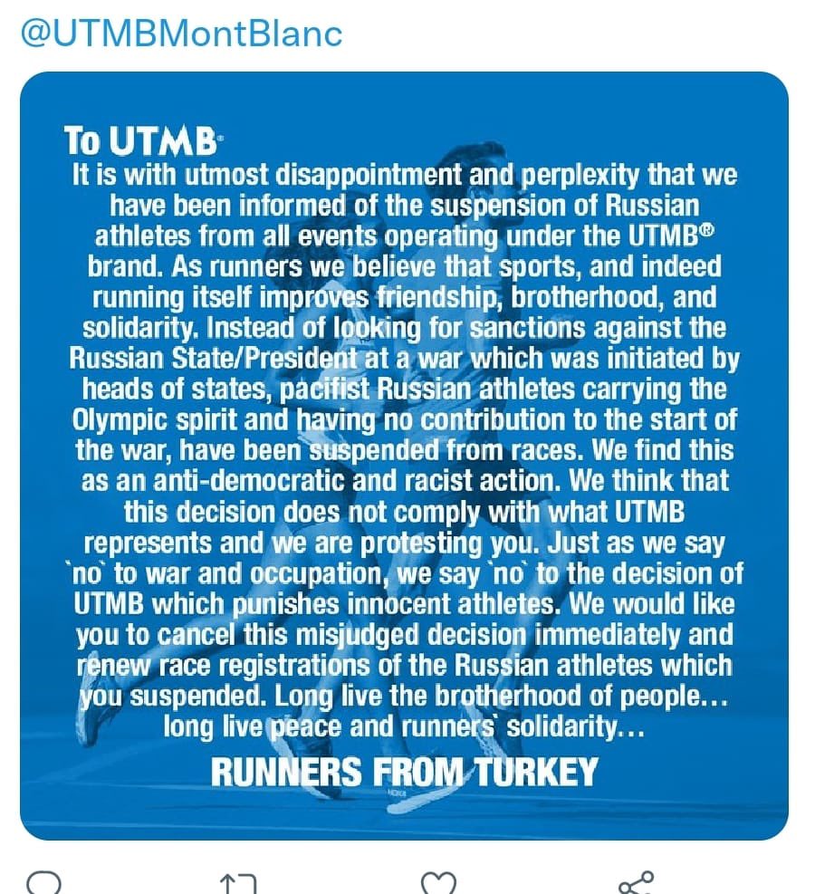 cigdemozmen1's tweet photo. @UTMBMontBlanc #NoWarYesRun
#NoRacismYesRun
#PeaceAndRun
🏃♀️🏃♀️🏃♀️
@ITRA_trail https://t.co/5LZZguwCnJ