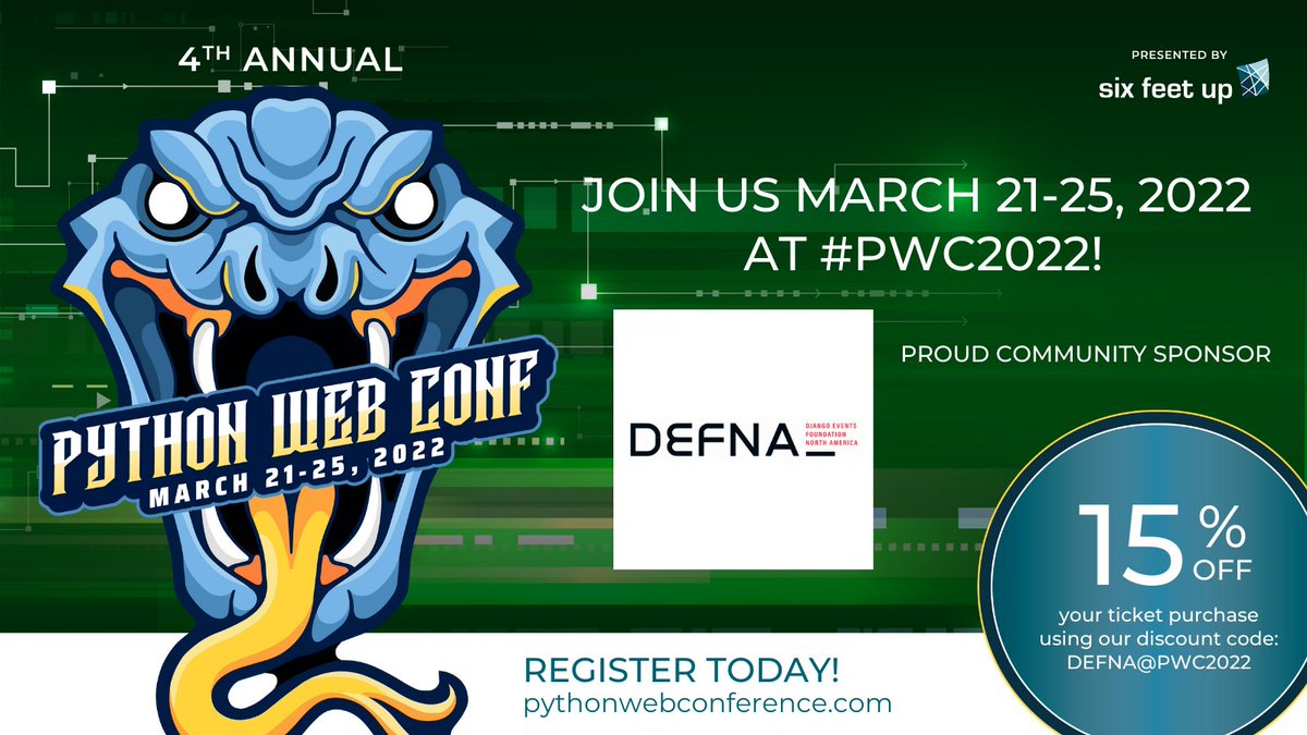 djangocon's tweet photo. Hey #Django Peeps! We are proud sponsors of Python Web Conf 2022. If you retweet this post we will enter you in a drawing for 1 of 2 free tickets we will give away on 3/14. https://t.co/ZM0ppC3okr