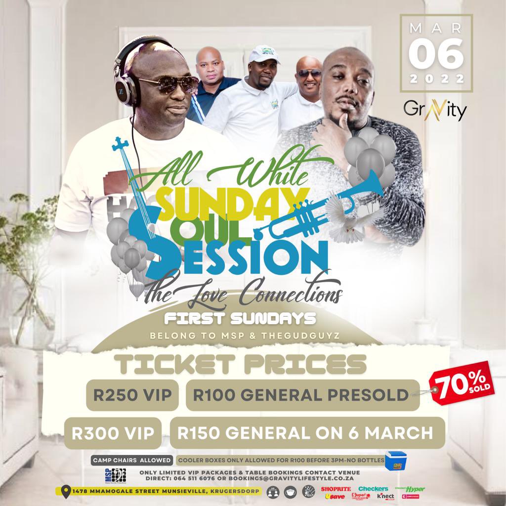 GravityLifesty1's tweet photo. We introduced a New Limited VIP Ticket based on demand, for your convenience and comfort @ R250
Table Reservations available via +27 (64) 511-6076 or bookings@gravitylifestyle.co.za
General Tickets 70% Sold
#Gravity a Lifestyle π«
#AllWhite #FirstSundays https://t.co/QLGcVs76Oq