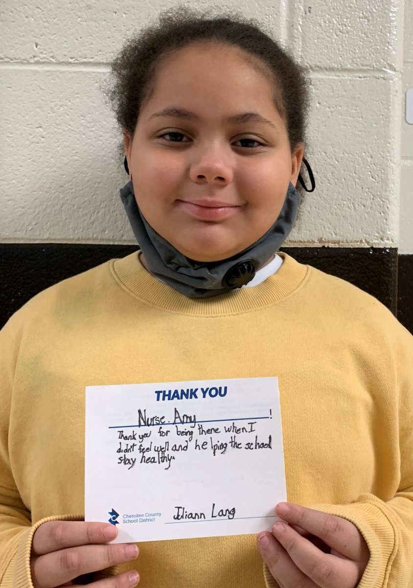 CherokeeSchools's tweet photo. #thanksCCSD gives students the opportunity to share how a teacher or other staff member has made a positive difference in their life!  Here’s one from Carmel ES fourth-grader Juliann Lang to nurse Amy Hagen. https://t.co/zKD8t6ohZX #thanksCCSD #CCSDfam https://t.co/GWjS3NH9y9