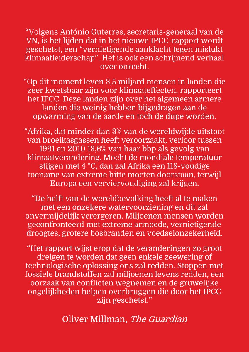 Beste samenvatting die ik tot nu toe las van het meest recente IPCC rapport, vanwege de gekozen invalshoek: schrijnend onrecht ("a harrowing tale of injustice"). Van <a href="/olliemilman/">Oliver Milman</a> in de wekelijks klimaatnieuwsbrief van de <a href="/guardian/">The Guardian</a>. Hieronder staat het vertaald (en iets ingekort).