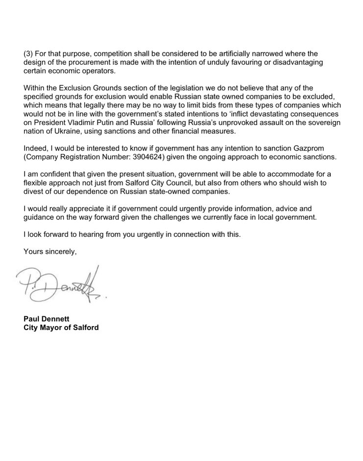 SalfordMayor (@salford_mayor) on Twitter photo My letter to <a href="/michaelgove/">Michael Gove</a> @luhc calling on government for information, advice & guidance to urgently support local government in dealing with UK subsidiaries of Russian majority state-owned multinational energy corporation Gazprom & Russian state-owned companies more generally.👇🏻 My letter to <a href="/michaelgove/">Michael Gove</a> @luhc calling on government for information, advice & guidance to urgently support local government in dealing with UK subsidiaries of Russian majority state-owned multinational energy corporation Gazprom & Russian state-owned companies more generally.👇🏻
