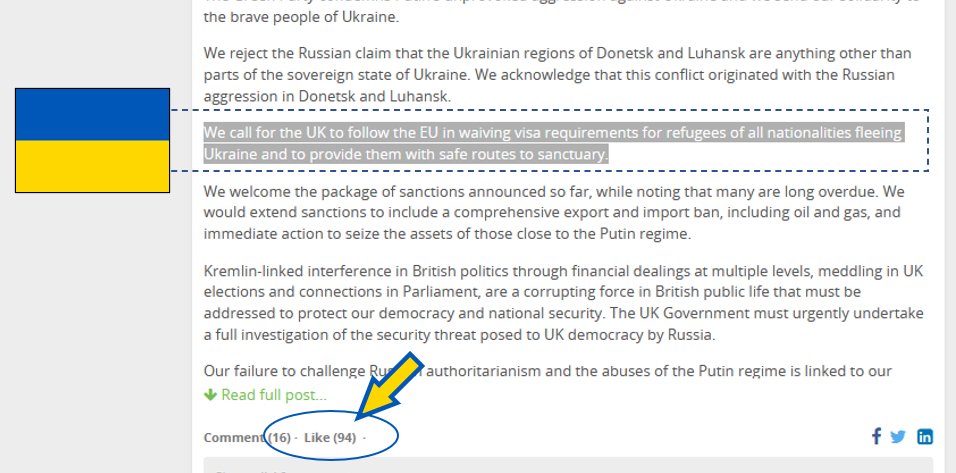 🚨 Attention Greens!🌱

We need you to back the Emergency Conference Motion supporting #Ukraine 🇺🇦 

It tells Priti Patel and Boris to end visas for Ukrainian refugees fleeing the war.

Go to this link and click *like*
spaces.greenparty.org.uk/s/spring-2022-…

Deadline = 6.30PM FRIDAY 4TH

#GPC22