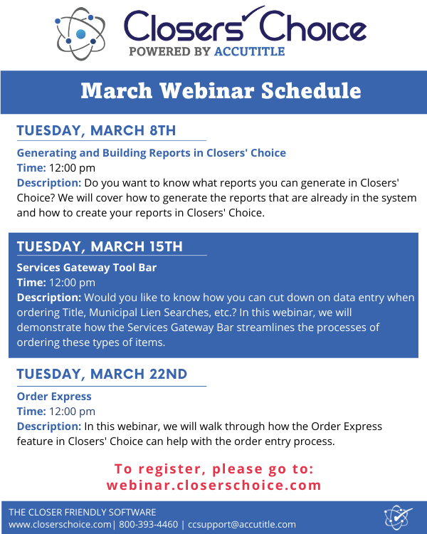 ClosersChoice's tweet photo. We have three webinars coming up during the month of March! To register, please visit: https://t.co/WqZCqPRh52 - we hope to see you there!

#ClosersChoice #PoweredByAccuTitle #TitleManagementPlatform #webinar #webinarseries https://t.co/qPSPRpY0V8