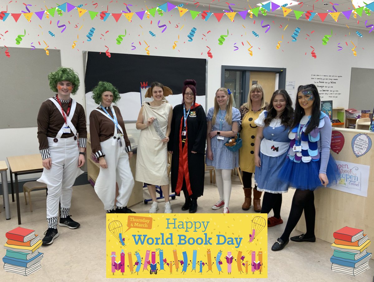 The Year 2 team celebrating World Book Day!📚🤩(+ Mrs Shedwick) 
🍫🧙🏼👗👠🐻🐠