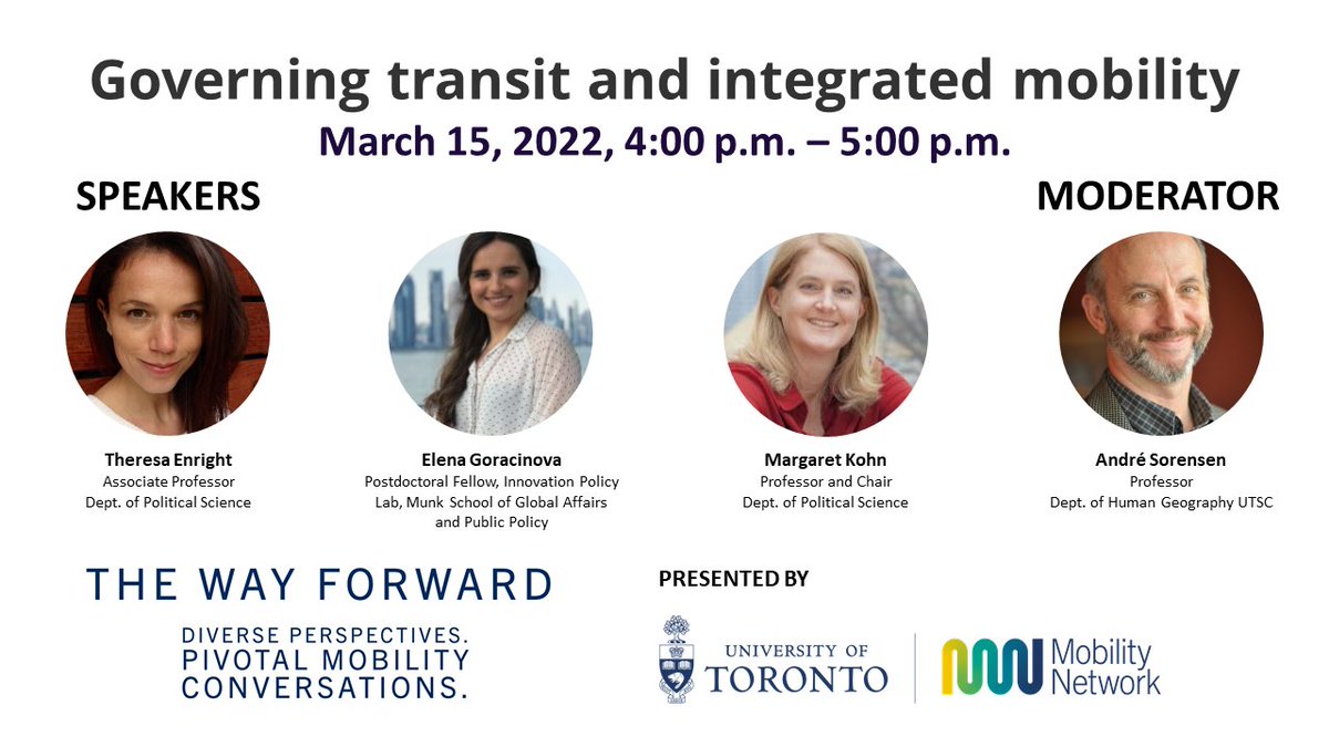 Mobility Network Update for March 3, 2022 - mailchi.mp/0b2fc257dc1c/m… <a href="/birsen_donmez/">Birsen Donmez</a> * @mobilizingjust1 * The Way Forward March 15: Governing transit and integrated mobility <a href="/tenright/">theresa enright</a> <a href="/ElenaGoracinova/">Elena Goracinova</a> Margaret Kohn <a href="/UofT_PolSci/">Political Science</a> <a href="/AndreBSorensen/">Andre Sorensen</a> * Alumni Network * Events &amp; more