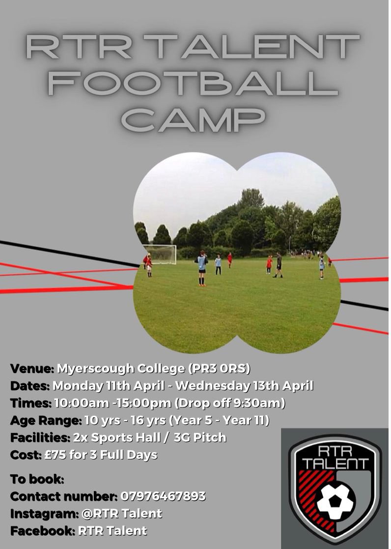 💥April 2022 Half Term Camp💥

Venue: Myerscough College 
Age: 10-16Yrs Old 
When: 11th April - 13th April 

Facilities
1) State of the art HPC indoor sports arena 
2) 4G full size pitch 
3) Indoor sports hall