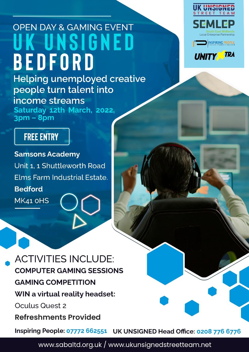 Come down to Samsons Academy tomorrow from 3pm-8pm to take part in the UK Unsigned Bedford Open Day &amp; Gaming Event and be in with a chance of winning a VR Headset! 

Welcome to unemployed, creative young people aged 16+ looking to turn their talent into income streams!