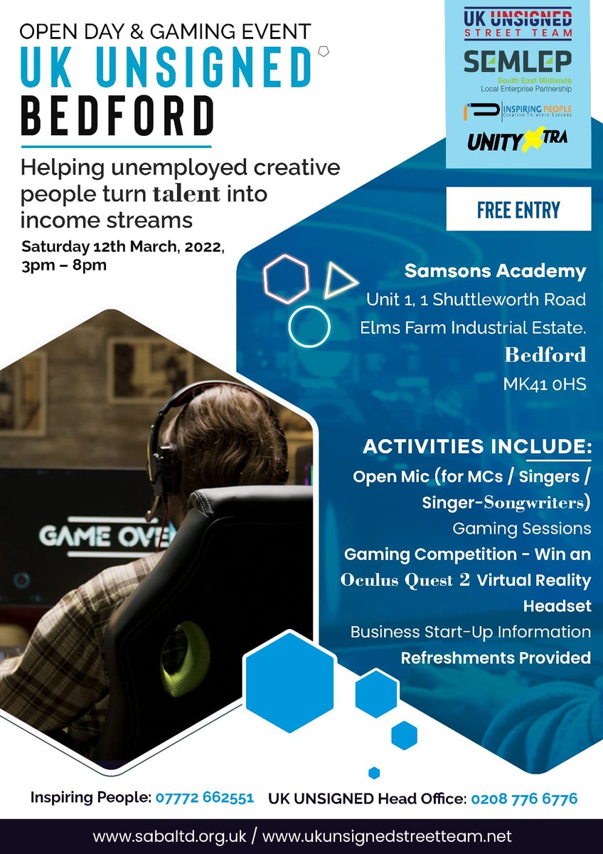 Today is our UK Unsigned Open Day &amp; Gaming Event! 

Come down to Samsons Academy at 3pm for gaming sessions and competitions, open mic for singers + refreshments and more! 

#BringingBedfordshireTogether2022