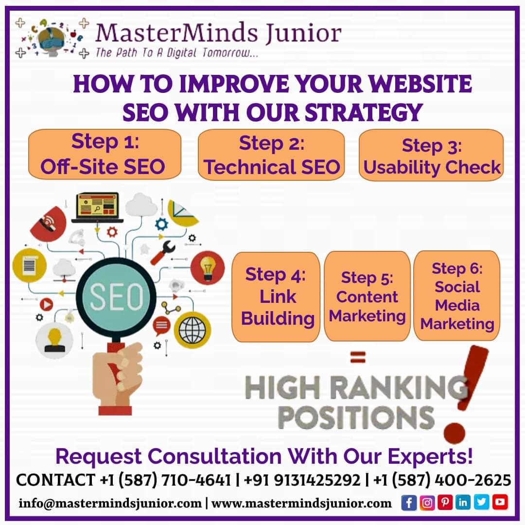 SEO strategy (also known as SEO approach) involves planning and implementing steps designed to improve organic search engine ranking.
If you need traffic for your website, 
☎️ +𝟭 (𝟱𝟴𝟳) 𝟳𝟭𝟬-𝟰𝟲𝟰𝟭 | +𝟵𝟭 𝟵𝟭𝟯𝟭𝟰𝟮𝟱𝟮𝟵𝟮 
Visit Now: mastermindsjunior.com