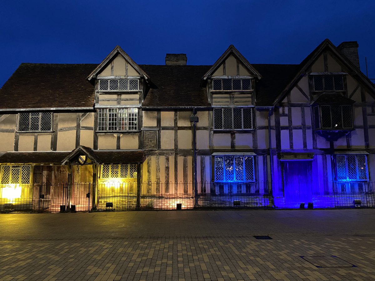Our peace shall stand as firm as rocky mountains
(Henry IV Part 2, 4.1)

We're lighting up Shakespeare's Birthplace in the national colours of Ukraine as a mark of solidarity with its people and the global community affected by the conflict. #StandwithUkraine 🇺🇦