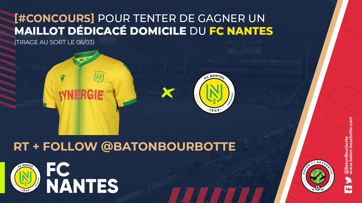 BatonBourbotte's tweet photo. 🎁 Pour fêter le 2⃣0⃣0⃣ème match du @FCNantes en possession du Bâton de Bourbotte, tentez de gagner un maillot dédicacé par les joueurs ! 😍🟡🟢

🎯 Pour cela rien de plus simple :
RT + Follow @BatonBourbotte

📅 TAS : 06/03 - 14H30
🍀 Bonne chance 🤞

#BatonDeBourbotte
#MerciFCN https://t.co/1VVtvdEI62