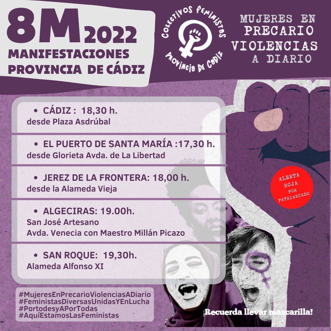Volvemos a salir otro 8M, conscientes que las luchas de todas las mujeres, solo confluyen en las calles, donde somos realmente inclusivas.
#MujeresEnPrecarioViolenciasADiario
#FeministasDiversasUnidasYEnLucha
#8M2022 #FeministasCádiz
#PortodesyAPorTodas
#AquíEstamosLasFeministas