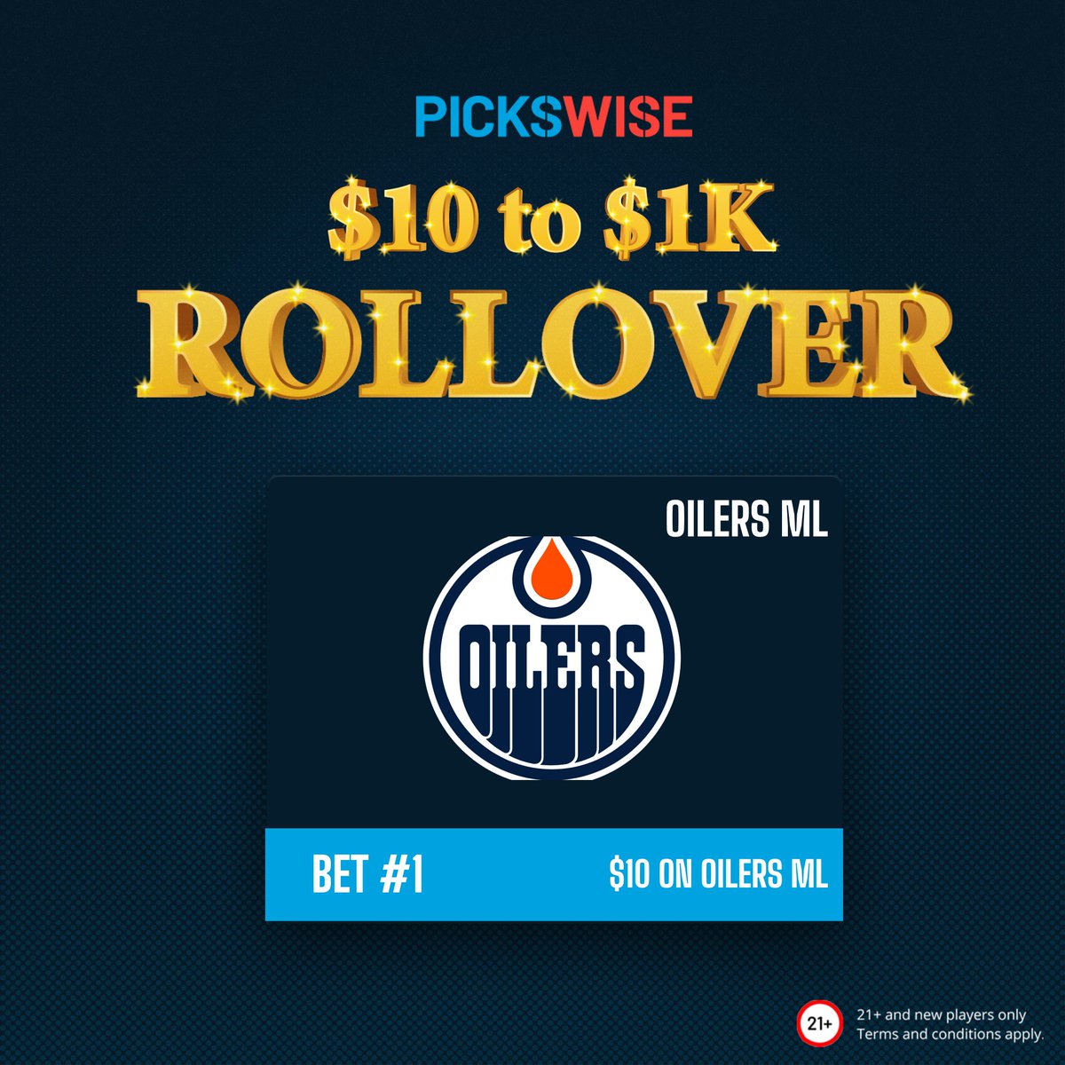 Pickswise's tweet image. 🚨 PICKSWISE ROLLOVER 🚨

A challenge where we try to help you turn $10 into $1K, doubling down after every win.

Today's bet? Oilers ML