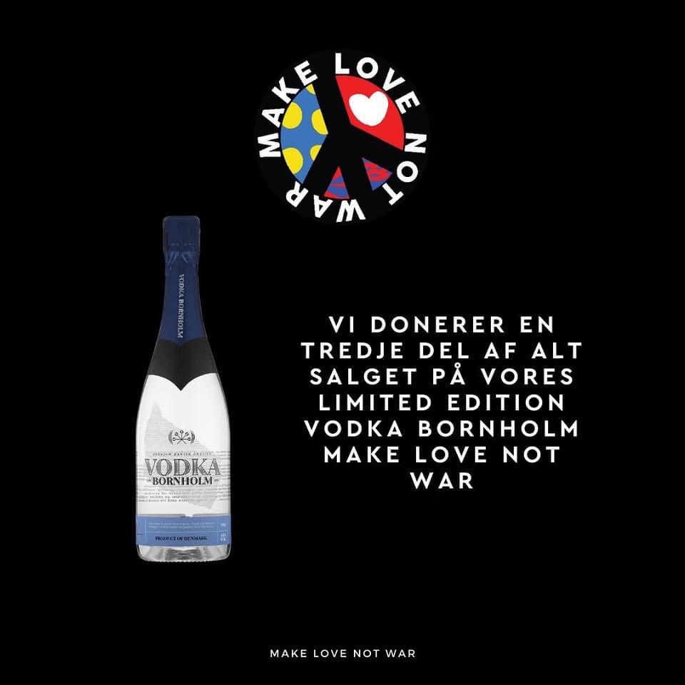 deepioa's tweet photo. HJÆLPE UKRAINE

MAKE LOVE NOT WAR

Vi vælger kærlighed frem for krig, Støt Dansk Flygtninghjælps arbejde i Ukraine ved at købe en Limited Edition - Make Love Not War - Vodka fra Bornholm Spirits. Normal 350,- nu 175,- hvor af 75,- går ubeskåret til DFC
https://t.co/qtjV0MxpQ4 https://t.co/JpegbTFsrz