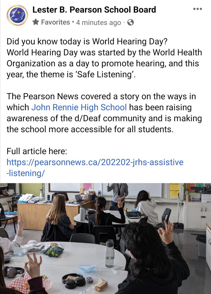 Crippit's tweet photo. Thanks @LBPSB for sharing the work that we've been doing at JRHS to make our school environment more equitable for those with hearing loss and raising awareness of the #dDeaf community. #WorldHearingDay2022 https://t.co/dzMuUti38i