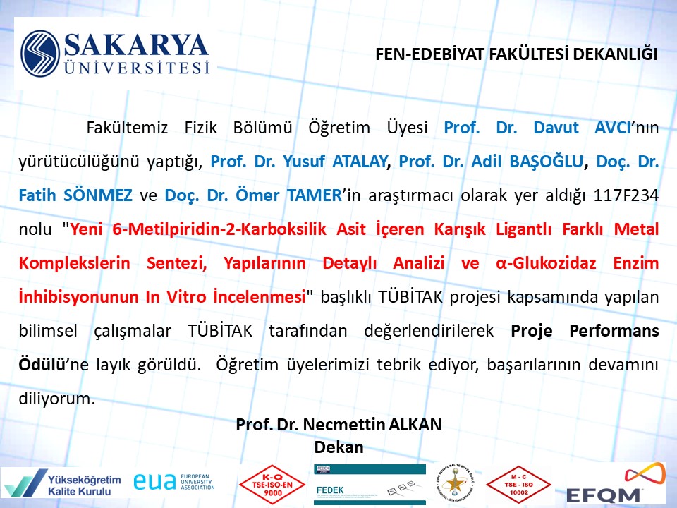 TÜBİTAK projesi kapsamında, Proje Performans Ödülü'ne layık görülen öğretim üyelerimizi tebrik ediyor, başarılarının devamını diliyorum. 

<a href="/sakaryauni/">Sakarya Üniversitesi</a> <a href="/FatihSavasan/">FatihSavasan</a> @SakaryaFEF