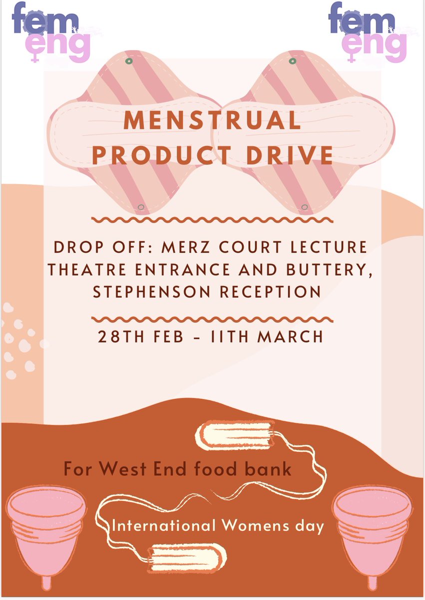 It’s International Women’s Day next Tuesday! To celebrate, FemEngNCL are supporting the university in doing a menstrual product drive for the West End Food Bank. You can find boxes to donate around the engineering buildings up until the 11/03! #IWD2022 #BreakTheBias