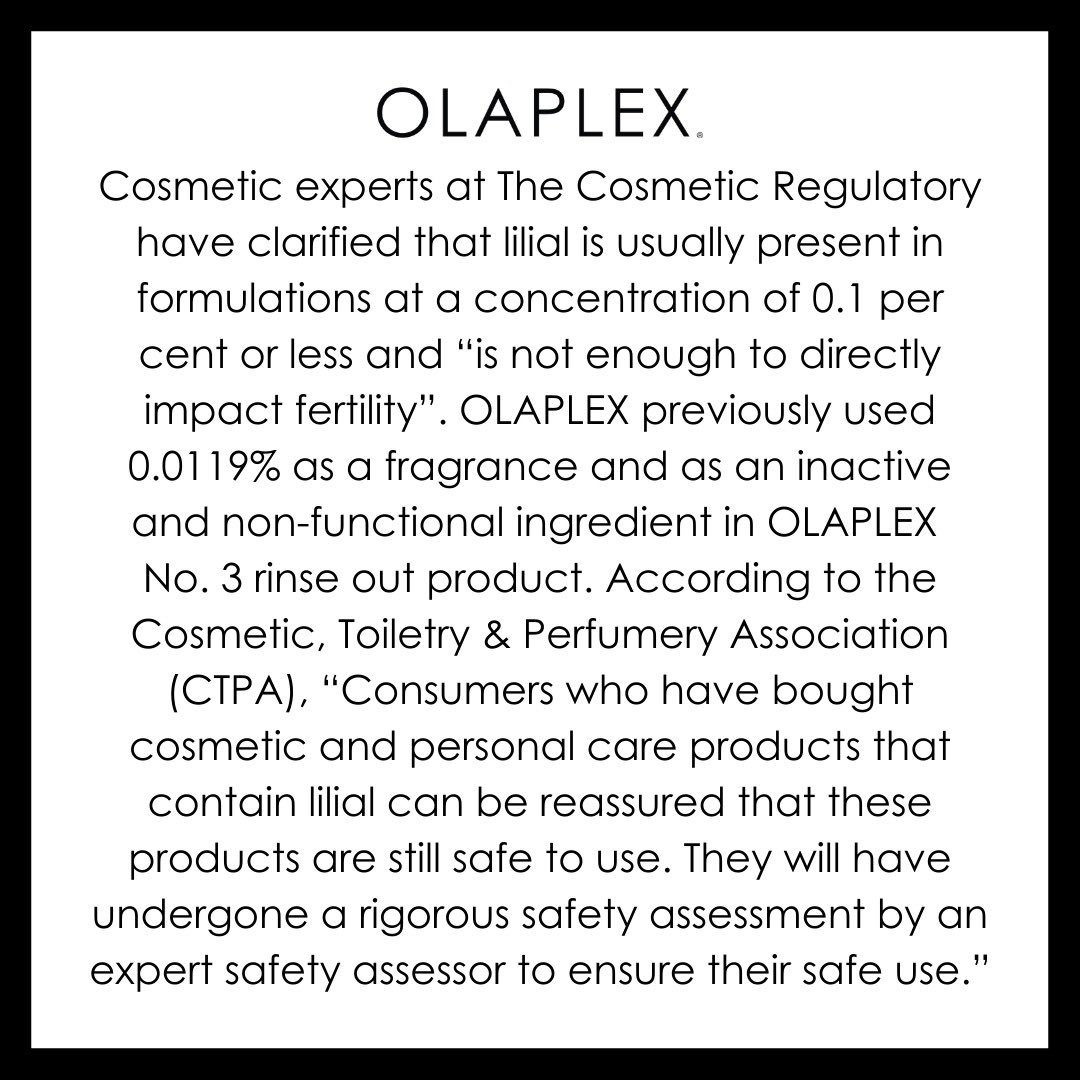 olaplex's tweet image. We are sharing this Statement for the millions of women who have been mentally stressed from the inaccurate narrative on the Lilial phase-out. We are calling for calm and for all of us to help each other and to let the facts guide us. #olaplex