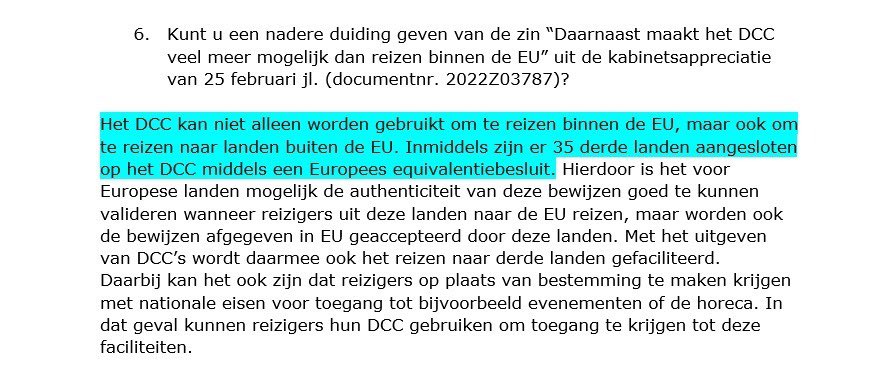NickiVerweij's tweet photo. Hoe het EU Digitaal Covid Certificaat (#DCC) stap voor stap sluipend wordt omgezet in een EU digitaal paspoort. Uit de beantwoording door het kabinet vandaag van Kamervragen over de voorgenomen verlenging van de EU verordening hierover: https://t.co/yZNkTQEJhE