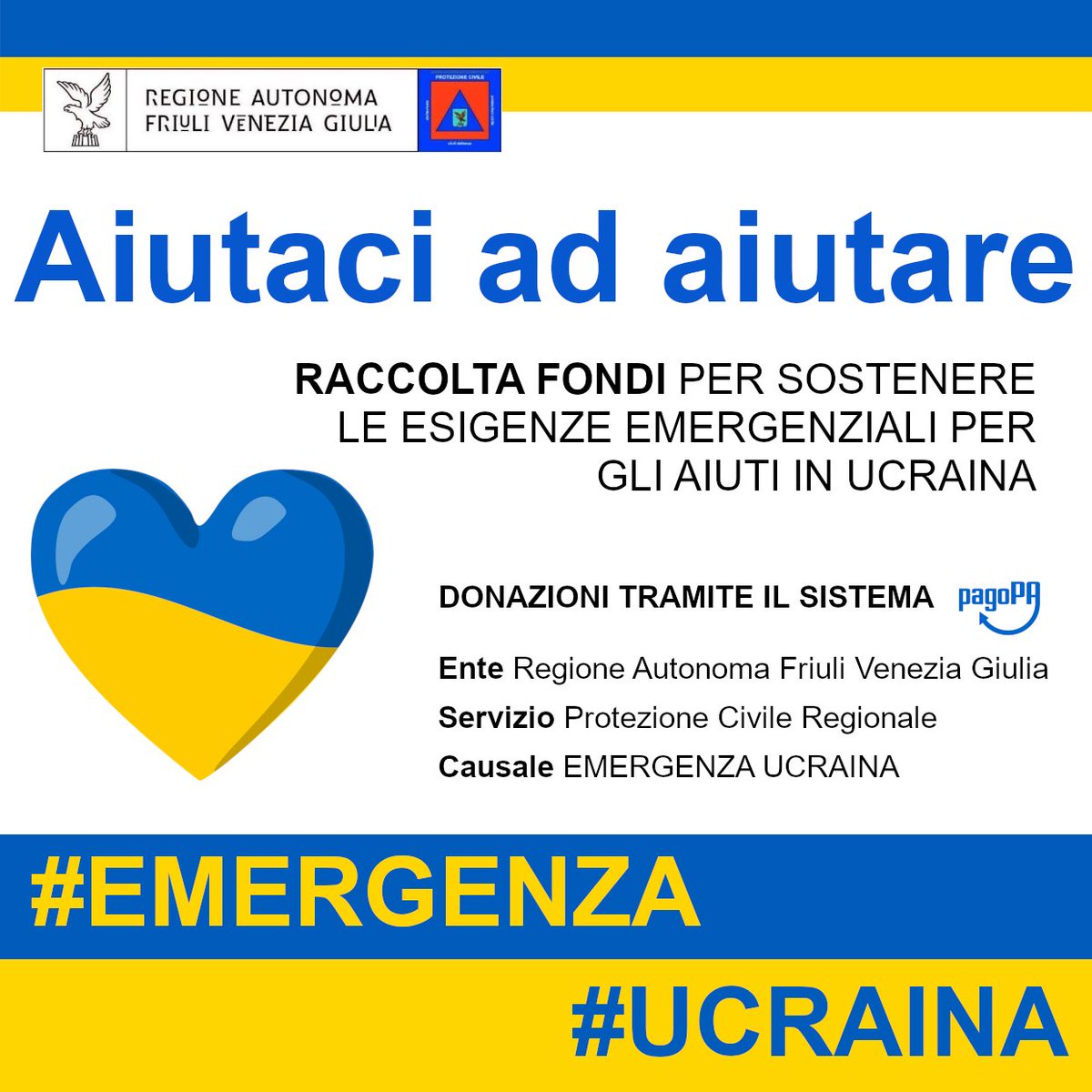 🟦🟨#Emergenza #Ucraina #AIUTARCIADAIUTARE con una donazione tramite "pagoPA". pagamentivolontari.regione.fvg.it/PagamentiVolon…
Seleziona l'Ente Regione Autonoma Friuli Venezia Giulia-Servizio "PROTEZIONE CIVILE-DONAZIONI PER EMERGENZE" e la linea pertinente-CAUSALE di versamento: "EMERGENZA UCRAINA".