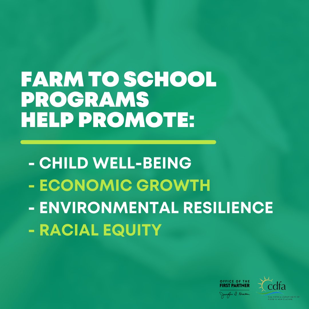 On a green background, text reads, "Farm to school programs help promote: child well-being, economic growth, environmental resilience, and racial equity."