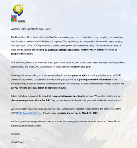MCAA is conducting a major survey on topics affecting #researchers. Help us preparing structured feedback for #policymakers 

Take the survey by 13/03 bit.ly/3sBVjRE

<a href="/ERC_Research/">European Research Council (ERC)</a> <a href="/ERCGrantees/">Association of ERC Grantees</a> <a href="/scibus/">Science|Business</a> <a href="/EULIFE_news/">@EULIFEnews</a> <a href="/guildeu/">The Guild</a> <a href="/EASSH_/">EASSH</a> <a href="/YERUN_EU/">YERUN</a> <a href="/NetworkUnica/">UNICA Network</a> <a href="/CoimbraGroup/">Coimbra Group</a>