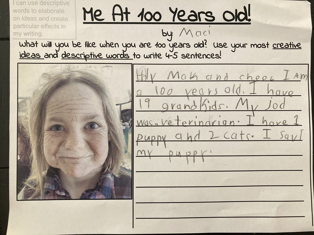 MsKJEdu's tweet image. It’s our 100th day of school today, and our 2Js are 100 years old! Read a few their biographic paragraphs!!! @WCPS72 @IREC1 @blackfalds #blackfalds