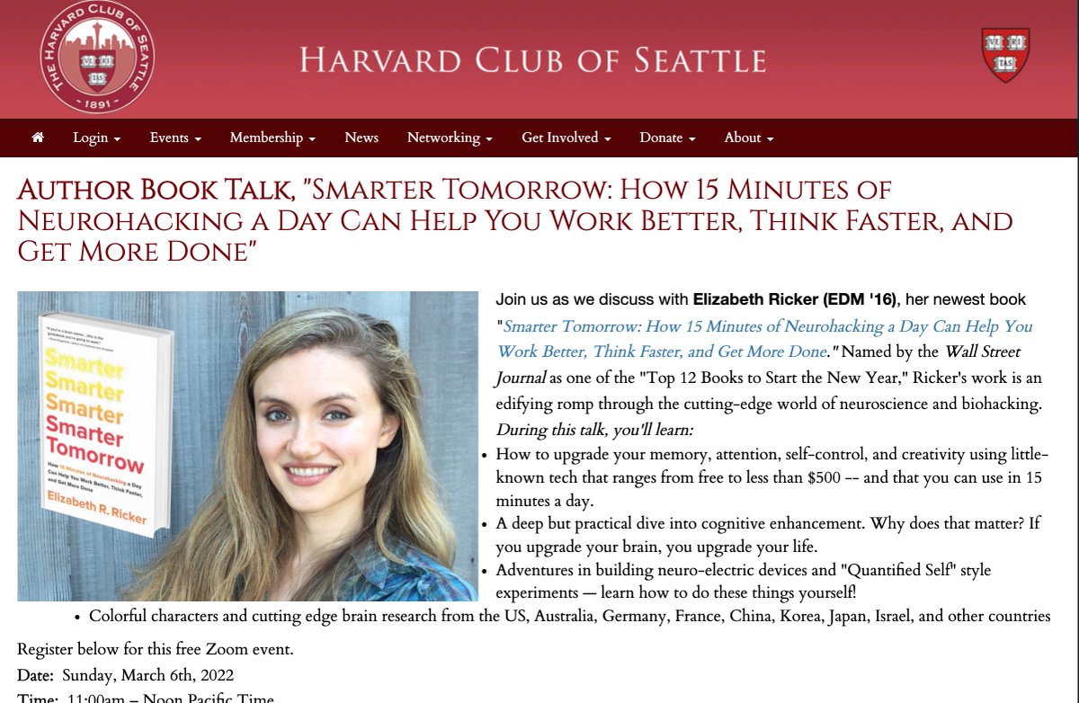 Excited to be giving my Smarter Tomorrow (book) talk at the Harvard Club! Sunday, March 6: bit.ly/3LjKCdS #neuroscience #bookstoread #selfdevelopment #neurohacking #brain #sciencecommunication #quantifiedself #work #productivity #talks #BookTwitter #AuthorsOfTwitter