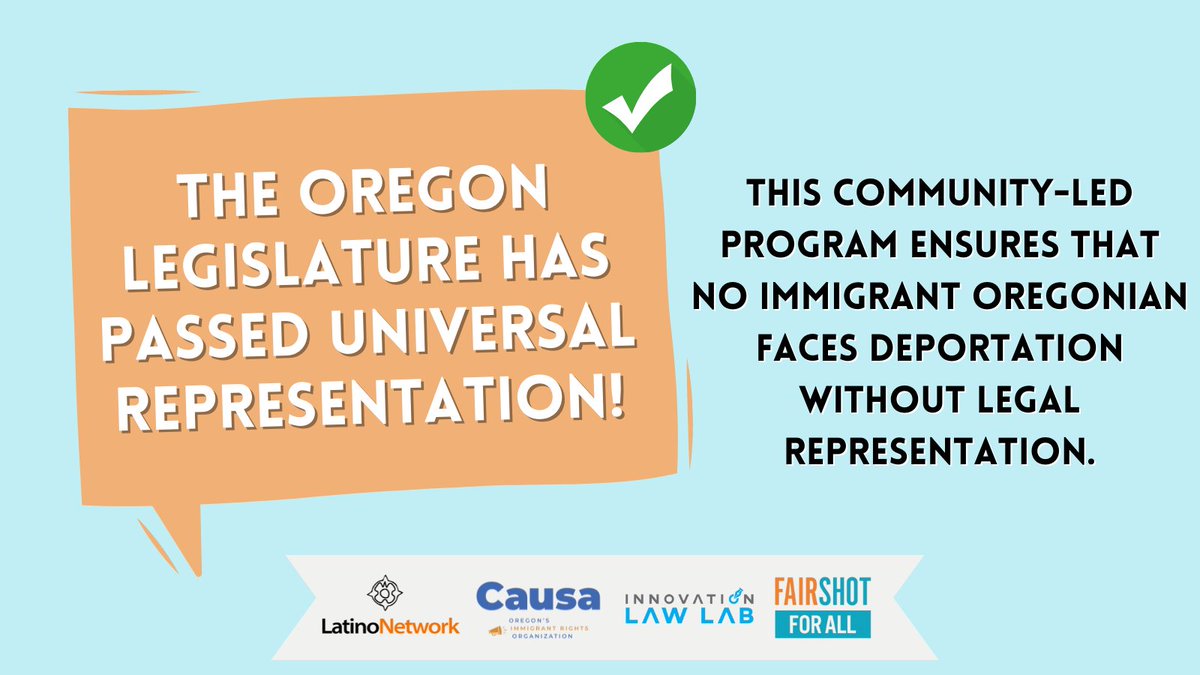 ThinkLawLab's tweet photo. 🎉 Victory! The Oregon Legislature has passed SB1543, #UniversalRepresentation! Next stop, Governor Brown’s desk. 

We’re so proud of our community for this big win &amp; grateful for this bill’s legislative sponsors.

Time to put an end to unjust deportations in #Oregon! https://t.co/ISPGvor4mu