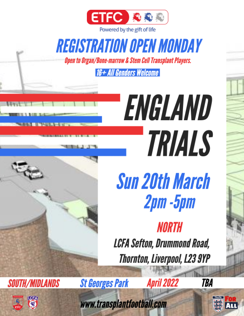 🔥 England Trials (North) Registration Opens Monday 
Players 16+ All Genders Welcome! Organ Transplant Recipients, Bone Marrow &amp; Stem Cell players. (Medical Requirments Apply)
South/Midlands Trials at St Georges Park in April (Date TBA next Week)#TransplantFootball #WorldBookDay