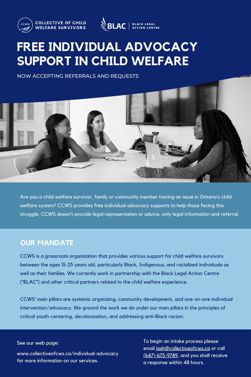 CCWS (<a href="/collectiveofcws/">C.C.W.S</a>) is excited to announce that the individual advocacy support program is now available to children, youth, &amp; families! If you or someone you know/are supporting is dealing with child welfare/protection and needs support, please visit: collectiveofcws.ca
