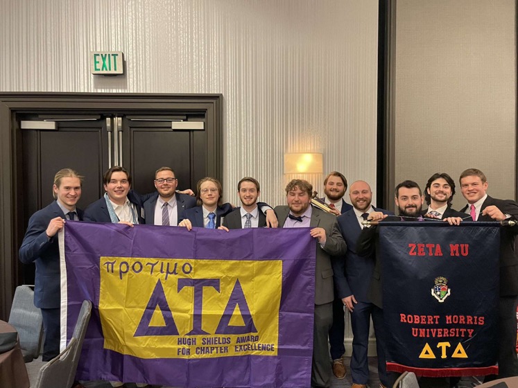 RMU's tweet image. Last Saturday at the Eastern Division Conference in Philadelphia, PA, RMU’s Delta Tau Delta Fraternity placed third out of 130 national chapters for community service and academic excellence. #GreekLifeDoneRight